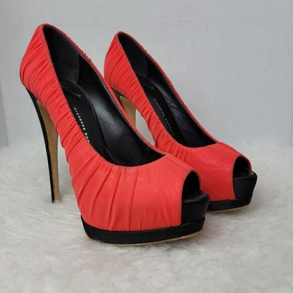 Giuseppe Zanotti Red Ruched Silk Peep Toe Platform Pumps Size 6.5 - Picture 6 of 9